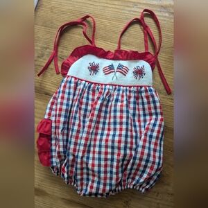 Tie neck red white and blue smocked bubble for toddler girl 2T